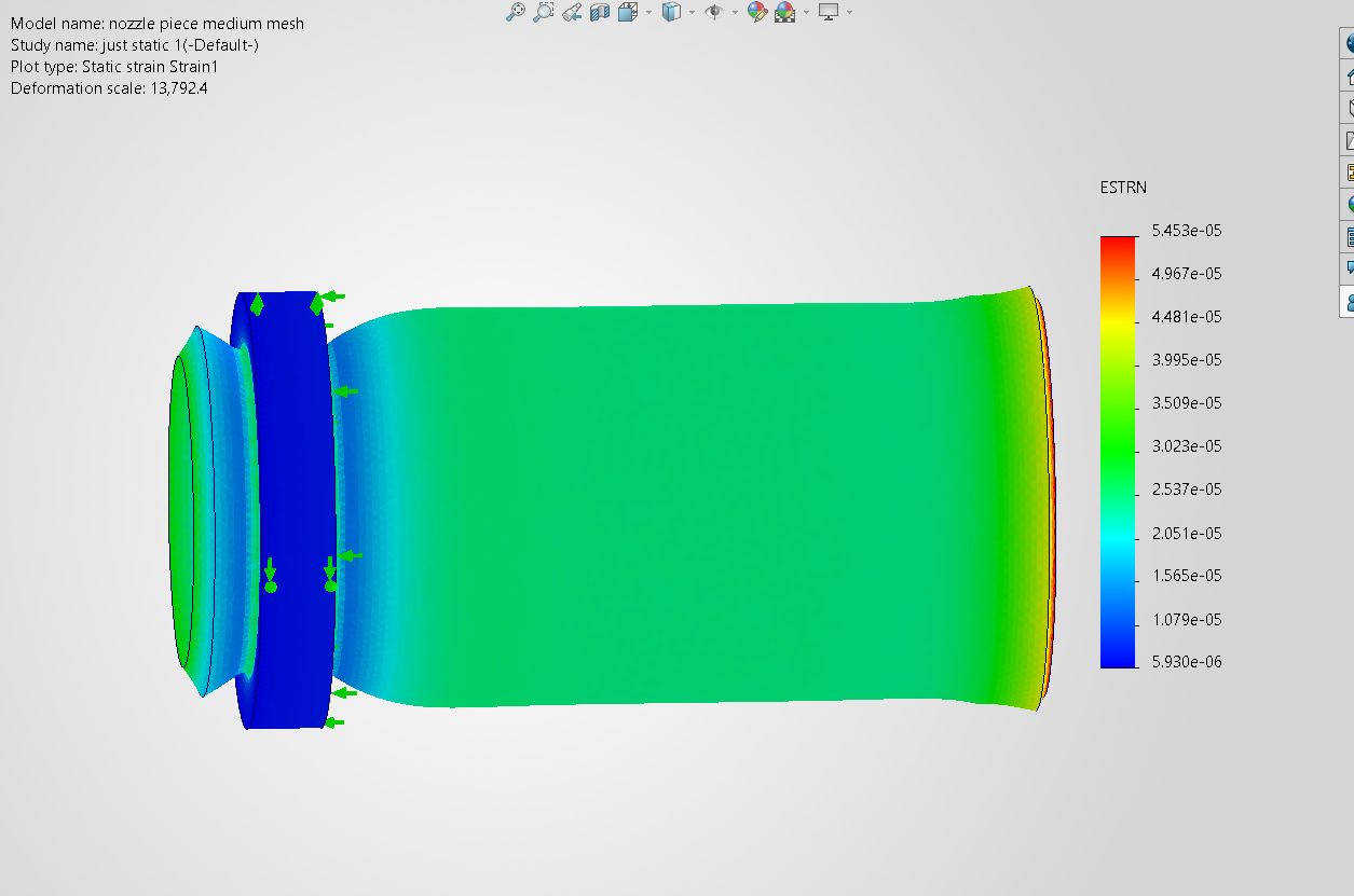 FEA equivalent strain at 320 PSI; maximum 5.453e-5