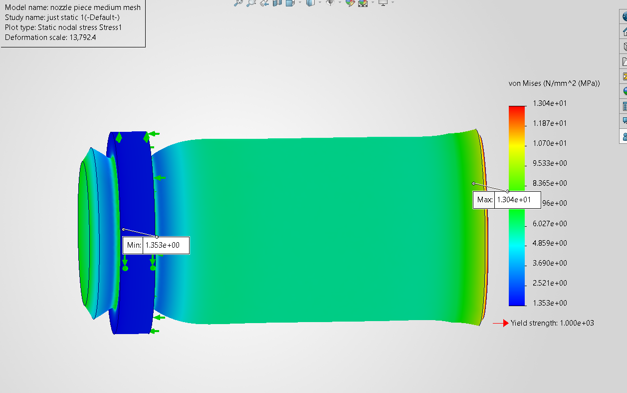 FEA von Mises stress at the 320 PSI static design-overpressure case; peak 13.04 MPa gives minimum yield FOS of 76.7