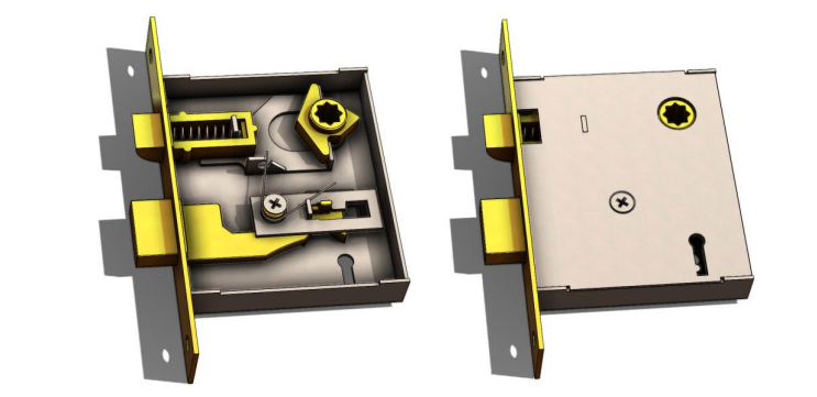 SolidWorks reconstruction of the mortise-lock assembly